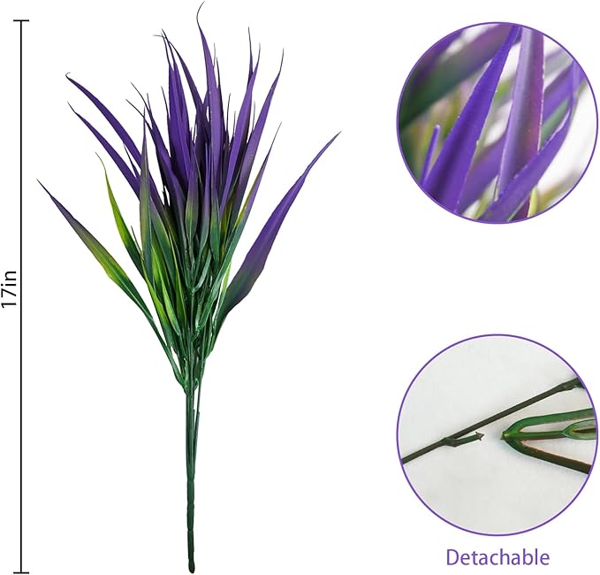 Uieke 28 Bundles Artificial Outdoor Plants UV Resistant Fake Grass Plants Faux Plastic Plants Greenery Shrubs for Home Garden Pathway Window Box Front Porch Cemetery Spring Summer Decor, Purple-VerdiqueGarden