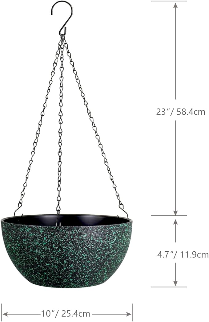 10inch Hanging Planters for Outdoor Indoor Plants with Drainage Holes and Chain, 2 Pack Round Hanging Flower Pots for Garden Home Porch Decor, Black with Green Speckles-VerdiqueGarden