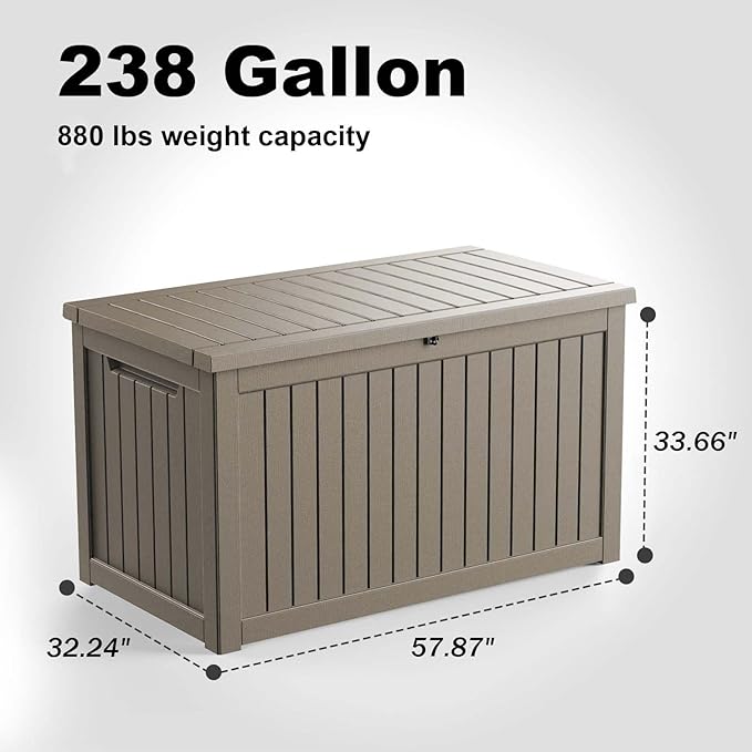 230 Gallon Outdoor Deck Box,Storage Lockable Waterproof Patio Furniture,Garden Tools,Cushions,Pool Accessories Outside Storage Resin Box(Grey)-VerdiqueGarden