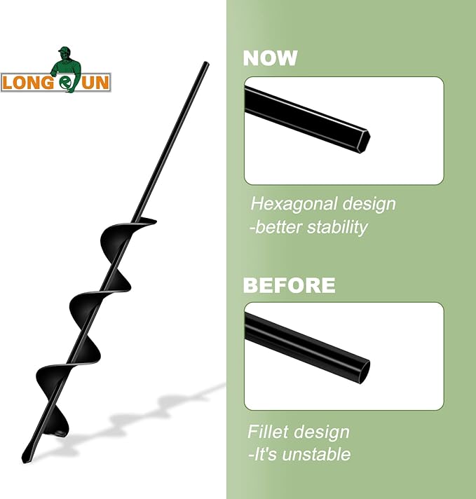 LONGRUN Auger Drill Bit for Planting, Garden Spiral Hole Drill for 3/8” Hex Drive Augers, Solid Shaft Hole Digger Easy Rapid Planter for Planting Trees, Bulbs, Seedlings-2.4"x22.84"-VerdiqueGarden