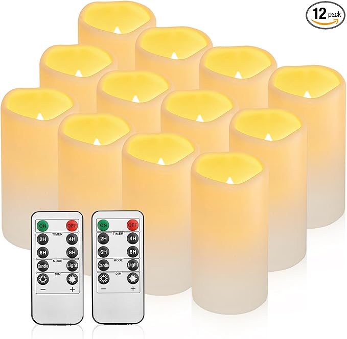 12PACK Waterproof Flameless Candles with Remote Control Candle, Battery Operated Flickering LED Pillar Candle Plastic,Large Size(D3 x H5.5) for Outdoor/Indoor Decoration Wedding, Party, Birthday-VerdiqueGarden
