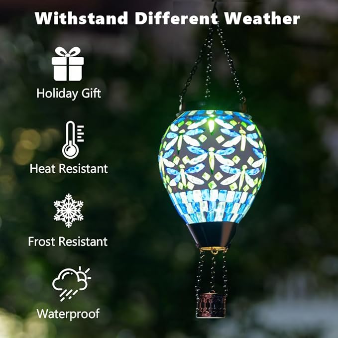 Starsoul Mosaic Dragonfly Hot Air Balloon Solar Lantern Glass Outdoor Hanging Hot Air Balloon Solar Flickering Flame Light Waterproof Garden Patio Yard Party Decorations-VerdiqueGarden
