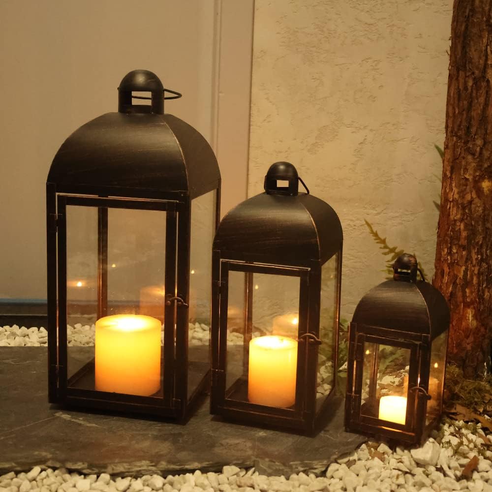 NEEDOMO Lanterns Decorative Outdoor & Indoor, Set of 3 Outdoor Lanterns for Porch, 23" Large Candle Lantern, Bronze Metal Frame with Glass, Vintage Farmhouse, Patio, Pathway, Garden, Fall, Christmas-VerdiqueGarden