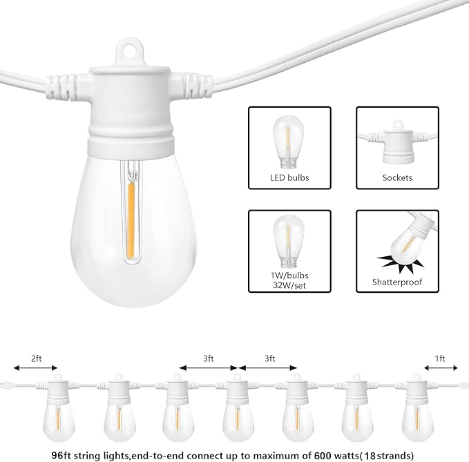 SUNTHIN White Outdoor String Lights, 96FT White Patio Lights with 32 Shatterproof LED Bulbs for Garden, Backyard, Porch, Cafe, Deck, Wedding, Party, Gathering-VerdiqueGarden