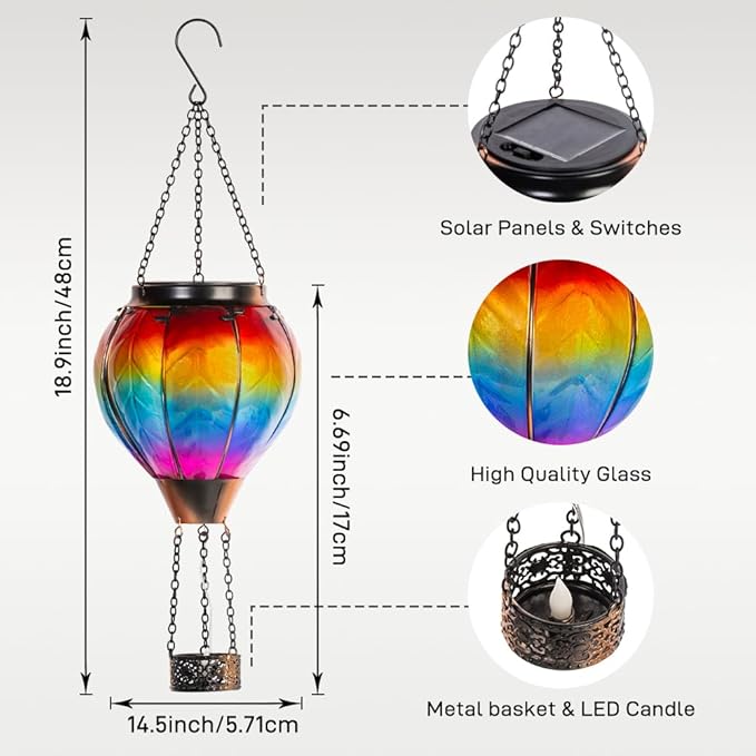 Starsoul 2 PC Rainbow Hot Air Balloon Solar Lantern with Flame Glass Outdoor Hanging Hot Air Balloon Solar Light Waterproof Garden Patio Yard Party Decorations-VerdiqueGarden