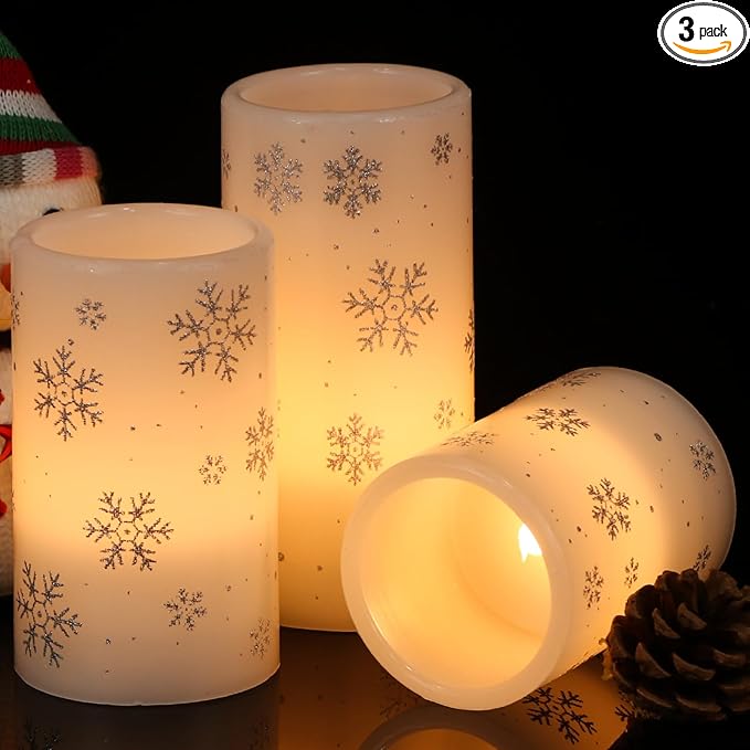 KunSween Christmas Flameless Candles with Timer, 3 Pack LED Pillar Candles with Silver Snowflake Decals and Real Wax, Christmas Winter Decorations for Home Indoor Table Centerpieces-VerdiqueGarden