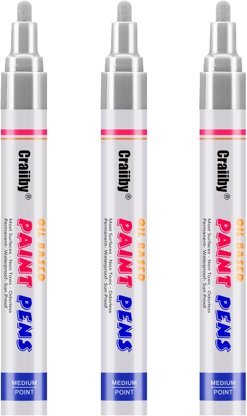 Silver Paint Markers, 3 Pack Oil-Based Waterproof Quick Dry Permanent Paint Pen Set for Rocks Painting, Wood, Fabric, Plastic, Canvas, Glass, Mugs, Metal, Tire, Stone, DIY Craft-VerdiqueGarden
