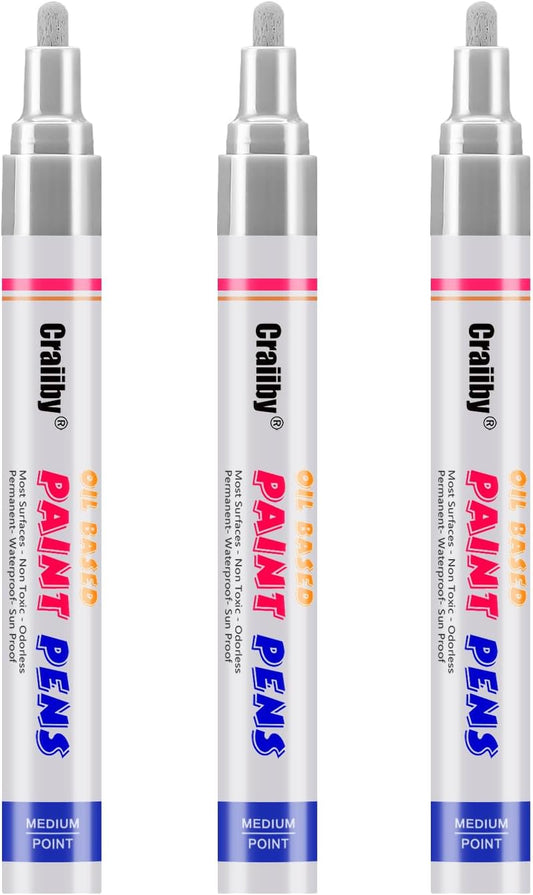 Silver Paint Markers, 3 Pack Oil-Based Waterproof Quick Dry Permanent Paint Pen Set for Rocks Painting, Wood, Fabric, Plastic, Canvas, Glass, Mugs, Metal, Tire, Stone, DIY Craft-VerdiqueGarden