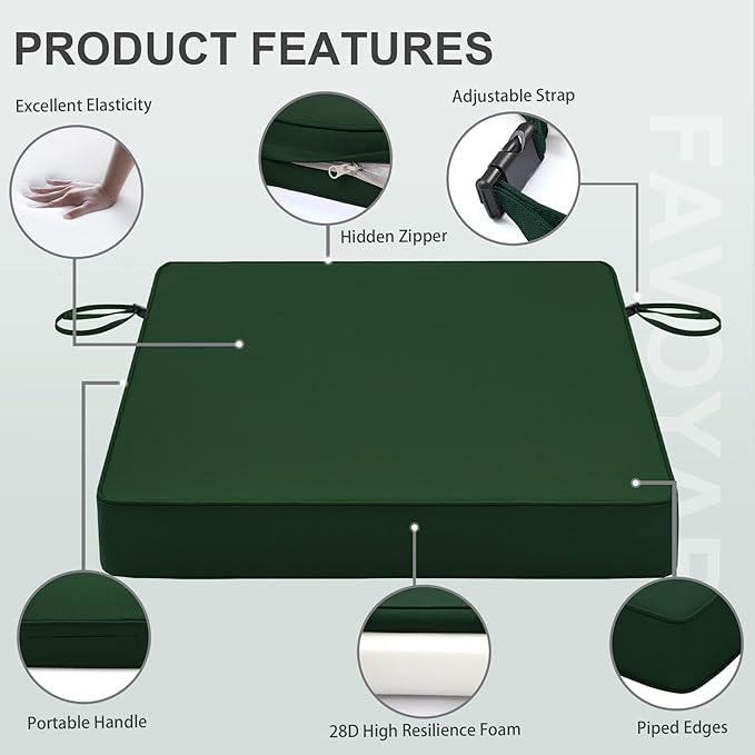 Favoyard Patio Chair Cushions 18.5 x 16 x 3 Inch Waterproof Outdoor Seat Cushions for Patio Furniture 3-Year Color Fastness Garden Sofa Couch Chair Pads with Handle & Adjustable Straps Set of 2, Green-VerdiqueGarden