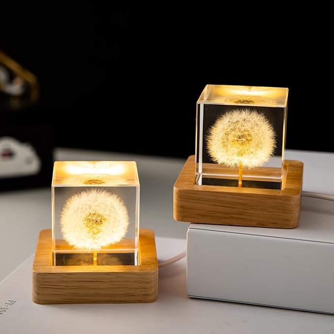 Flower Crystal Ball Night Light,2.4 inch Glass Ball Night Lamp with Woodern Base (Dandelion 1)-VerdiqueGarden