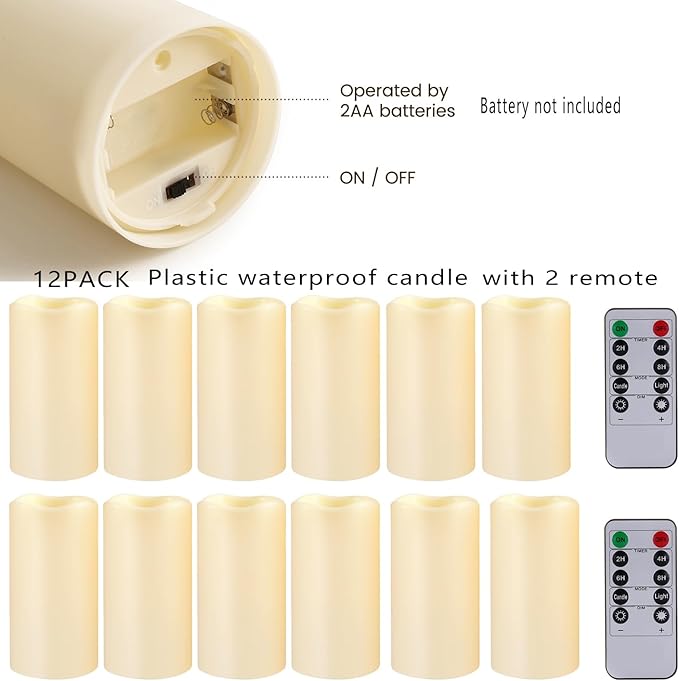 12PACK Waterproof Flameless Candles with Remote Control Candle, Battery Operated Flickering LED Pillar Candle Plastic,Large Size(D3 x H5.5) for Outdoor/Indoor Decoration Wedding, Party, Birthday-VerdiqueGarden