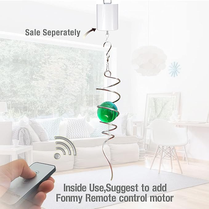 FONMY Gazing Ball Spiral Tail Wind Spinner Stabilizer with Swivel Hook 11inch Stainless Steel Tail and 2 inch Green Glass Orb. Indoor Outdoor Garden Decoration Hanging Ornaments 13 inch Height-VerdiqueGarden