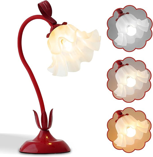 Flower Table Lamp,LED Reading Light Bedside Vintage Flower Night Light,3 Colors Modes Kawaii Bedside Lamps Decor,Living Room Bedroom Room Lighting Table Lamps Home Decoration (Red)-VerdiqueGarden