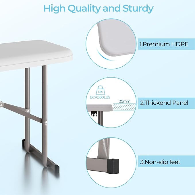 6ft HDPE Folding Bench, Foldable Seat with Sturdy Frame and Security Lock for Indoor and Outdoor, Multipurpose Entertaining Activities, Portable and Easy to Store, 2 Pack, White-VerdiqueGarden