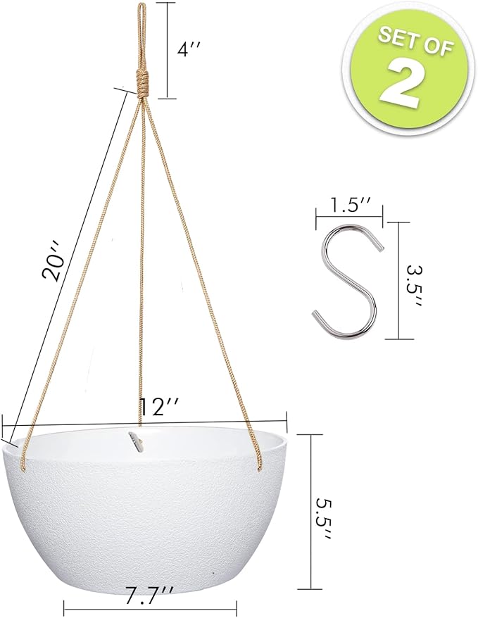 12 Inch 2 Pack Large Hanging Planters for Indoor Outdoor Plants, Plastic Hanging Basket Pots for House Plants Flowers, White-VerdiqueGarden