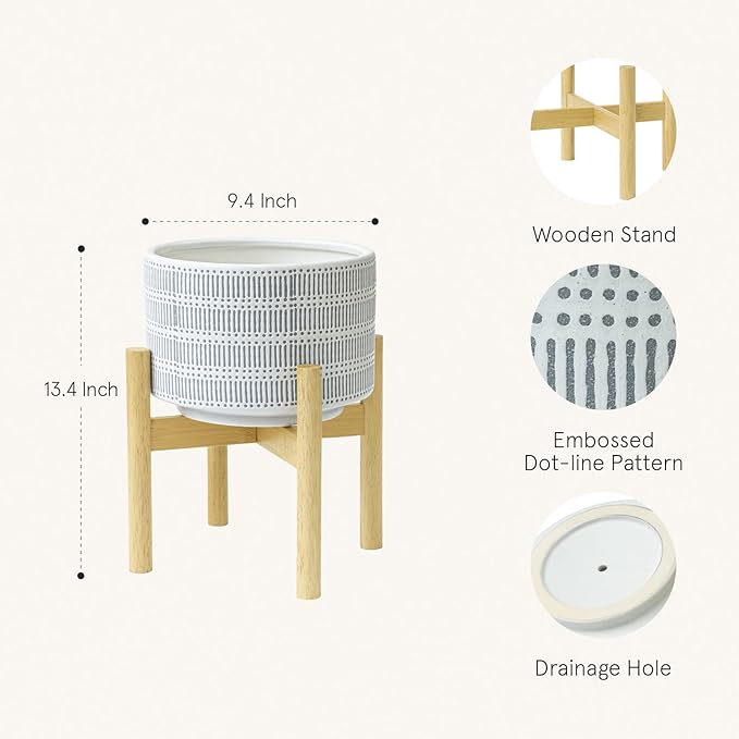 LA JOLIE MUSE Ceramic Plant Pot with Wood Stand - 9.4 Inch Modern Round Decorative Flower Pot Indoor with Wood Planter Holder, Slate Blue and White-VerdiqueGarden