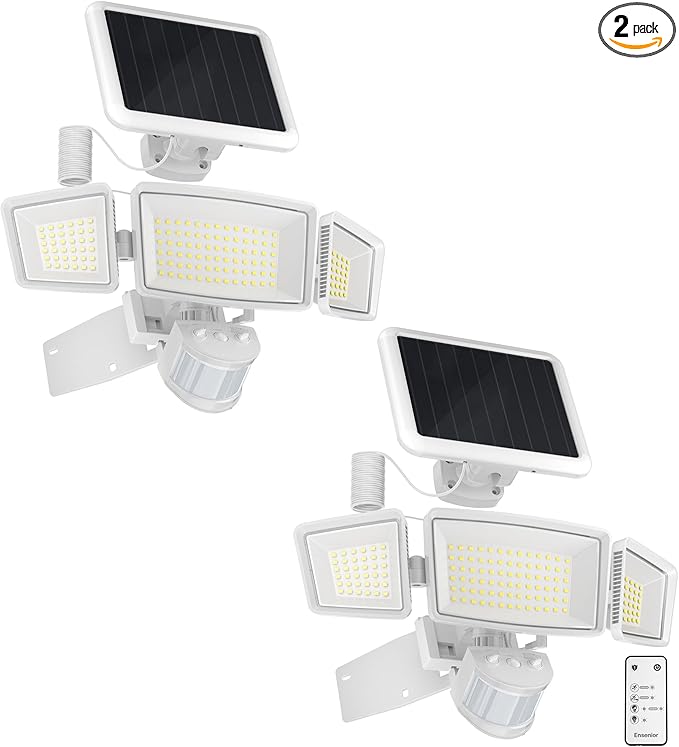 Ensenior 1800LM Solar Flood Lights Outdoor, Motion Sensor Outdoor Light 6500K, IP65 Waterproof, Separate Solar Panel, Solar Security Light with 5 Sensor Modes and 3 Adjustable Head for Yard (White)-VerdiqueGarden
