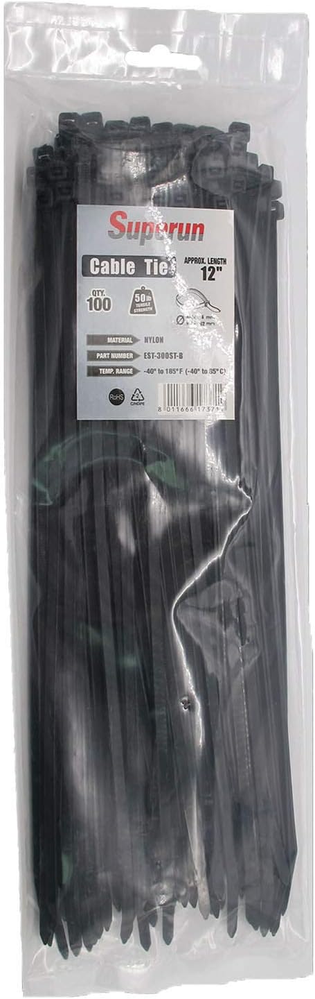 Superun Heavy Duty Zip Ties 12 Inch, 50 Lbs Tensile Strength Selflocking Wire Ties (Industrial Grade Cable Ties) Pack of 100 Black-VerdiqueGarden