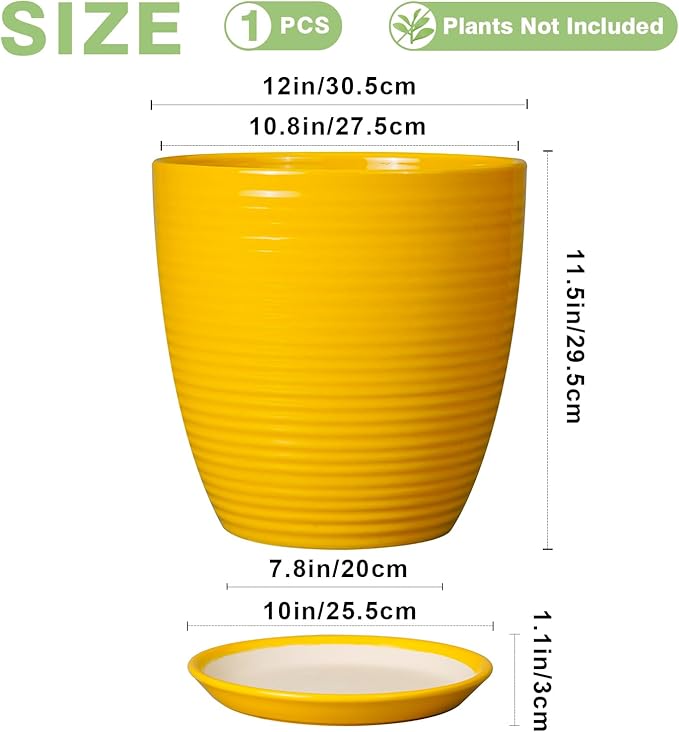 12 Inch Pots for Plants - Ceramic Planter for Indoor Plants Large Plant Pot with Drainage Hole and Saucer Round Outdoor Flower Pot for Garden Home Patio Office Yellow-VerdiqueGarden
