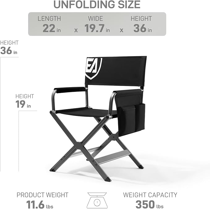 EVER ADVANCED Aluminum Lightweight Directors Chair Foldable, Folding Studio Movie Chairs Camping Event Vendor Chair, 19" Seat Height Black Fabric/Grey Frame, Support 350lbs-VerdiqueGarden