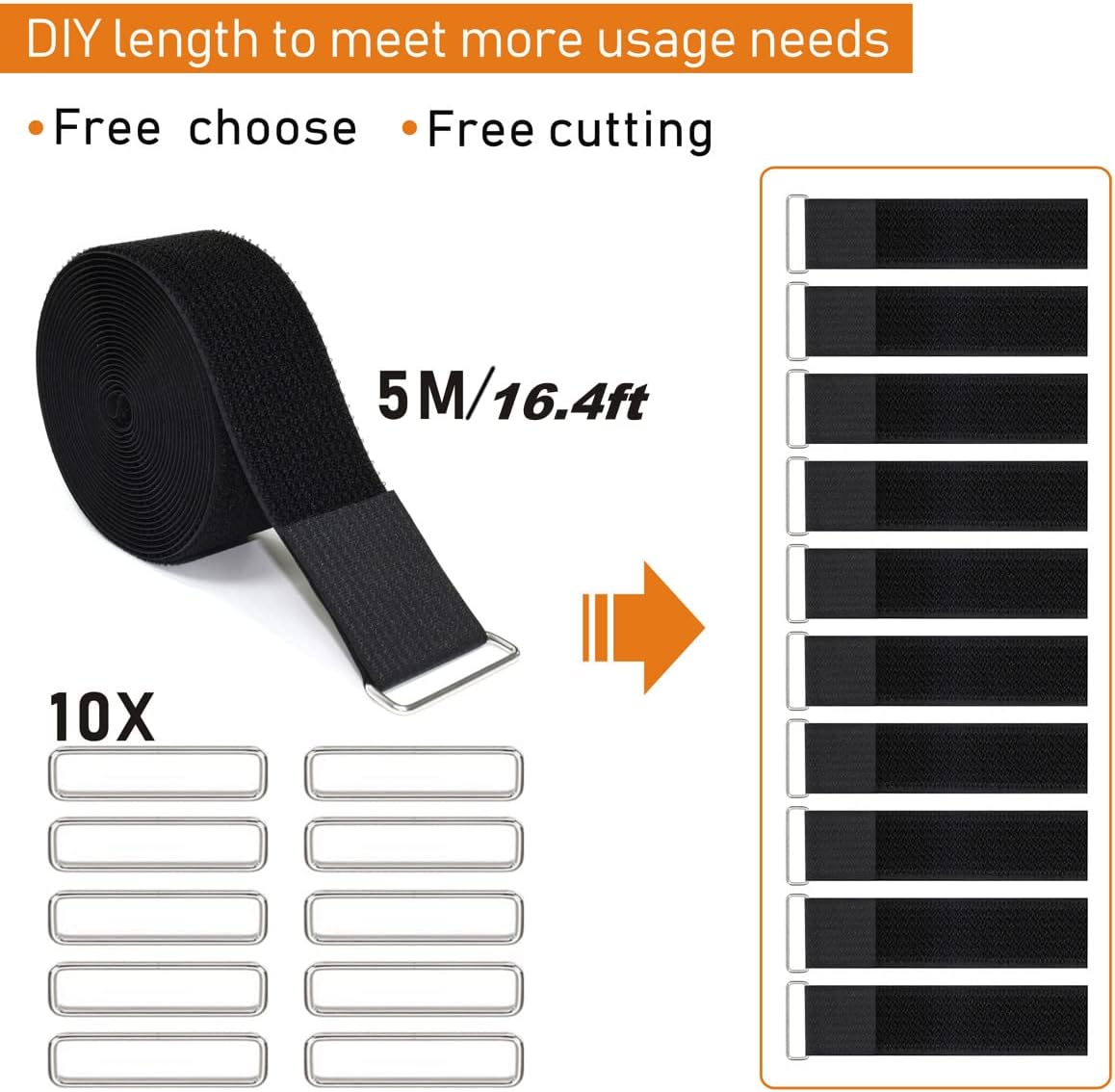 2"x16ft Reusable Cinch Strap with 10 Metal Buckles, Cut-to-Length Fastening Securing Straps, Adjustable Nylon Cable Straps and Cord Ties for Organizer or Storage, 2 inch Wide, Black-VerdiqueGarden