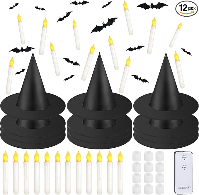 80 Pcs Halloween Hanging Witch Hats and Taper Floating Candles Set Includes 12 Witch Hats 12 LED Floating Candles Lights 56 3D Bats Wall Stickers for Halloween Decoration Front Porch Yard Decor-VerdiqueGarden