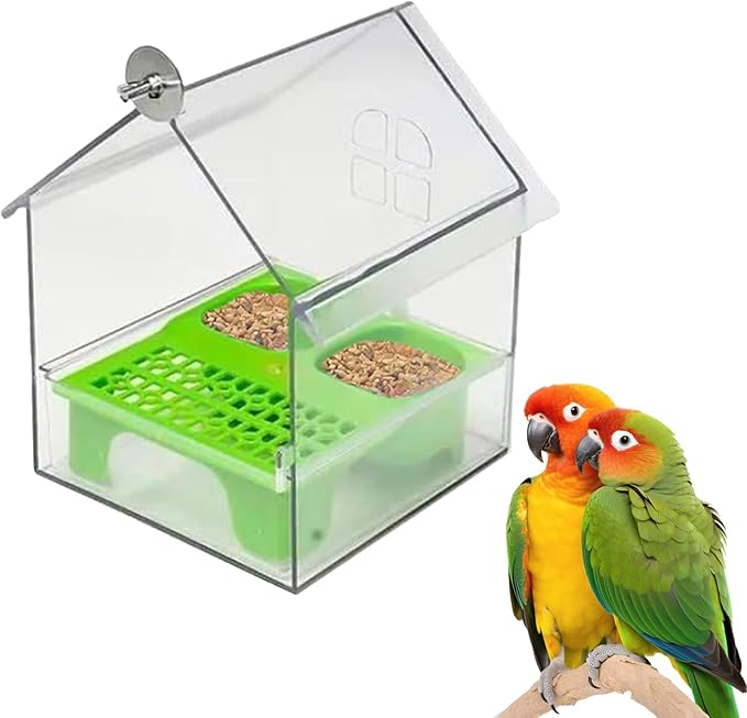 Ziveseller/Sowhathow Pull-Out External Parrot Feeder, Parrot Feeder Parakeet House Bird Bath Transparent Dish Water, Hanging Wild Bird Seed with Squirrel Proof Tray (Green)-VerdiqueGarden