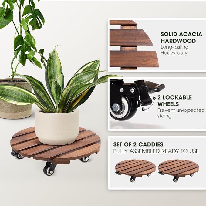 Idzo 2-Pack 14 Inch Acacia Wood Plant Caddy with Wheels – Heavy-Duty Plant Dolly with 264 Lbs Capacity, 360° Lockable Wheels for Large Plant Pots, Heavy Objects, Ideal for Indoor and Outdoor Use-VerdiqueGarden