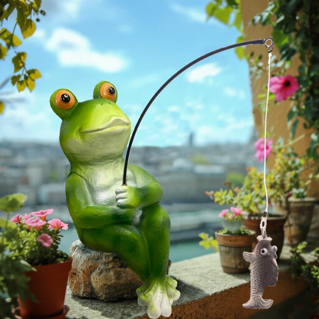 Frog Fishing Statue Garden Decor – 9.8" Weatherproof Resin Frog Fishing Sculpture Decor for Fish Ponds, Koi Ponds, Waterfalls, Poolside & Outdoor Gardens– Resin Figurine for Indoor & Outdoor Décor-VerdiqueGarden