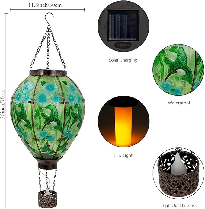 Starsoul Extra Large Solar Hot Air Balloon Lantern with Flame Hummingbird Glass Outdoor Hanging Hot Air Balloon Solar Light Waterproof Garden Patio Yard Party Decorations-VerdiqueGarden