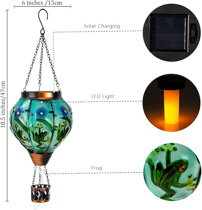 Starsoul Frog Hot Air Balloon Solar Lantern with Candle Holder Glass Outdoor Solar Hot Air Balloon Flickering Flame Lamp Hanging Garden Light Waterproof for Lawn Porch Tree Yard Decorations-VerdiqueGarden