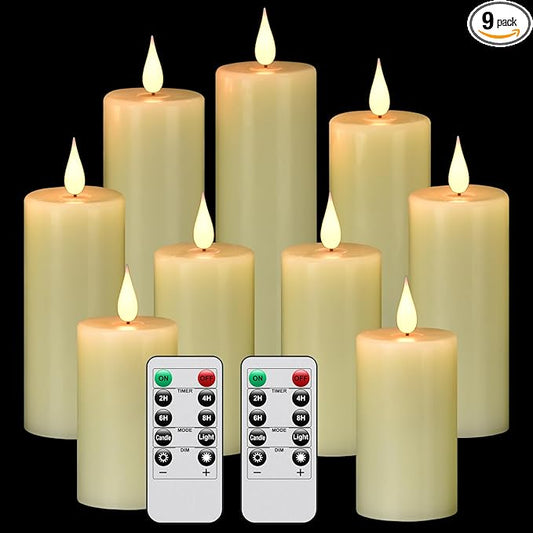 Flameless Flickering Battery Operated Candles 9PACK Real Wax Pillar LED Candles with 10-Key Remote Control and 24 Hours Timer for Wedding, Party, Home Decoration (Ivory)-VerdiqueGarden