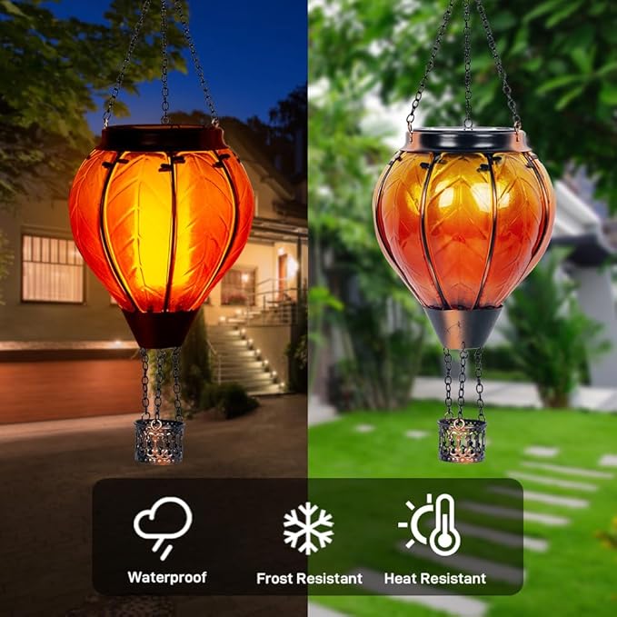 Starsoul Orange Solar Hot Air Balloon Lantern Glass Hot Air Balloon Solar Lantern with Flickering Flame Light Outdoor Solar Hanging Lights Waterproof for Garden Yard Patio-VerdiqueGarden