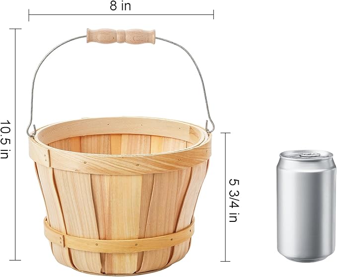 Okllen 2 Pack Round Wooden Baskets with Handle, Empty Wood Fruit Buckets, Easter Basket Fall Harvest Basket for Display Fruits Vegetables, Home Garden and Party Supplies, Natural Color-VerdiqueGarden