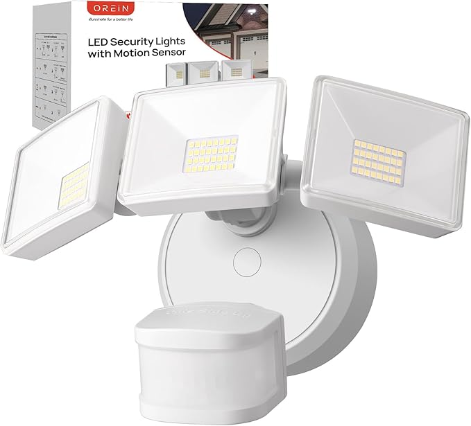 OREiN 6500LM/42W Flood Lights Outdoor, 180°/75FT Motion Sensor Outdoor Lights 4 Modes Dimmable Dusk to Dawn Floodlights IP65 Waterproof for 6000SQ.FT Area for Big Patio, Driveway, White (Hardwired)-VerdiqueGarden