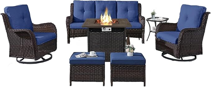 Outdoor Patio Furniture Set with Propane Fire Pit Table, 7 Pieces Wicker Patio Conversation Set with 2 Swivel Glider Rocker Chairs Rattan Sofa Blue Cushion Perfect for Casual Gathering-VerdiqueGarden