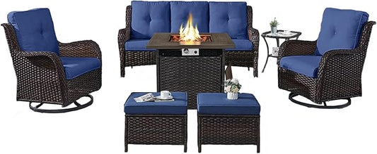 Outdoor Patio Furniture Set with Propane Fire Pit Table, 7 Pieces Wicker Patio Conversation Set with 2 Swivel Glider Rocker Chairs Rattan Sofa Blue Cushion Perfect for Casual Gathering-VerdiqueGarden