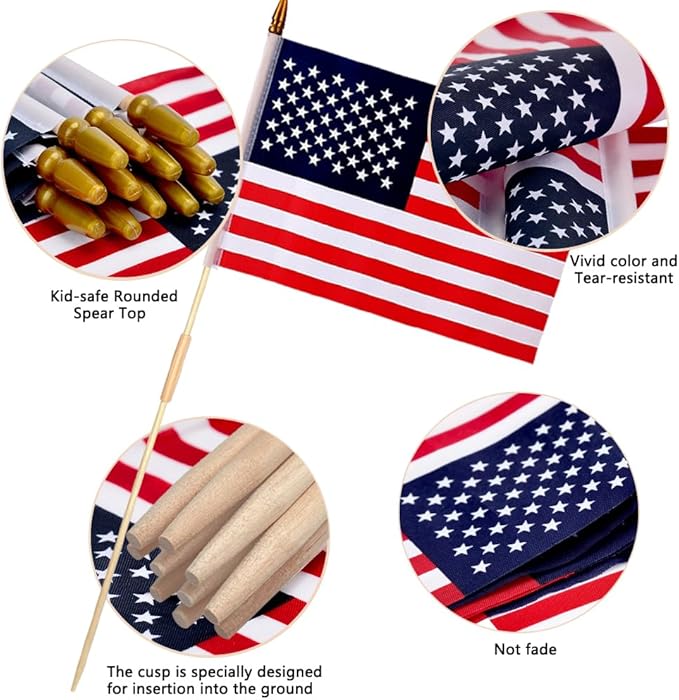 100 Pcs 12x18 Inch American Flags on Stick, American Flags, USA Stick Flag with Handheld and Grounded Multi-Purpose Flagpole, Design for Memorial Day, 4th of July, Veterans Day-VerdiqueGarden