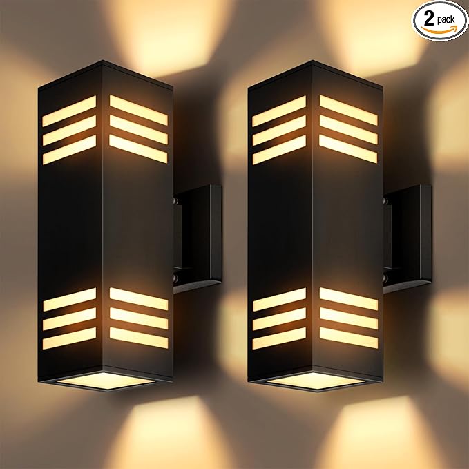 2 Pack Outdoor Wall Lights, Up/Down Modern Wall Sconce Exterior Lighting Fixture Square Wall Lamp Aluminum IP65 Waterproof Wall Mount Porch Lights ETL Listed E26 Bulbs Included 2700K-VerdiqueGarden