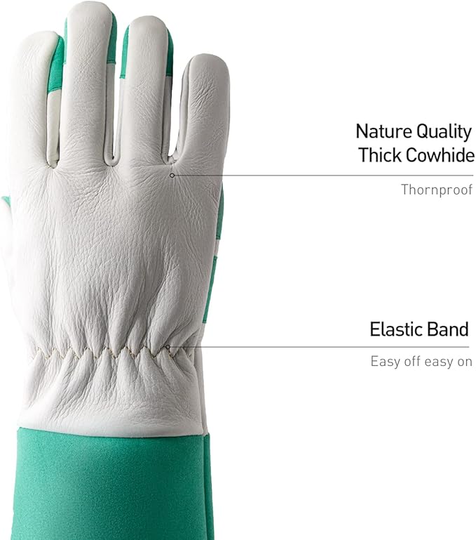 HANDLANDY Long Gardening Gloves for Men & Women, Thorn Proof Rose Pruning Gloves Leather Gauntlets Garden Glove Yard Work Glove (Medium, Green)-VerdiqueGarden