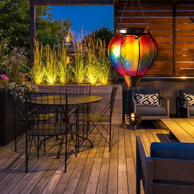 Starsoul Hot Air Balloon Solar Lantern with Candle Holder Solar Hot Air Balloon Flickering Flame Hanging Garden Light Waterproof Glass Hot Air Balloon Solar Lamp Decorative for Lawn Porch Tree Yard-VerdiqueGarden