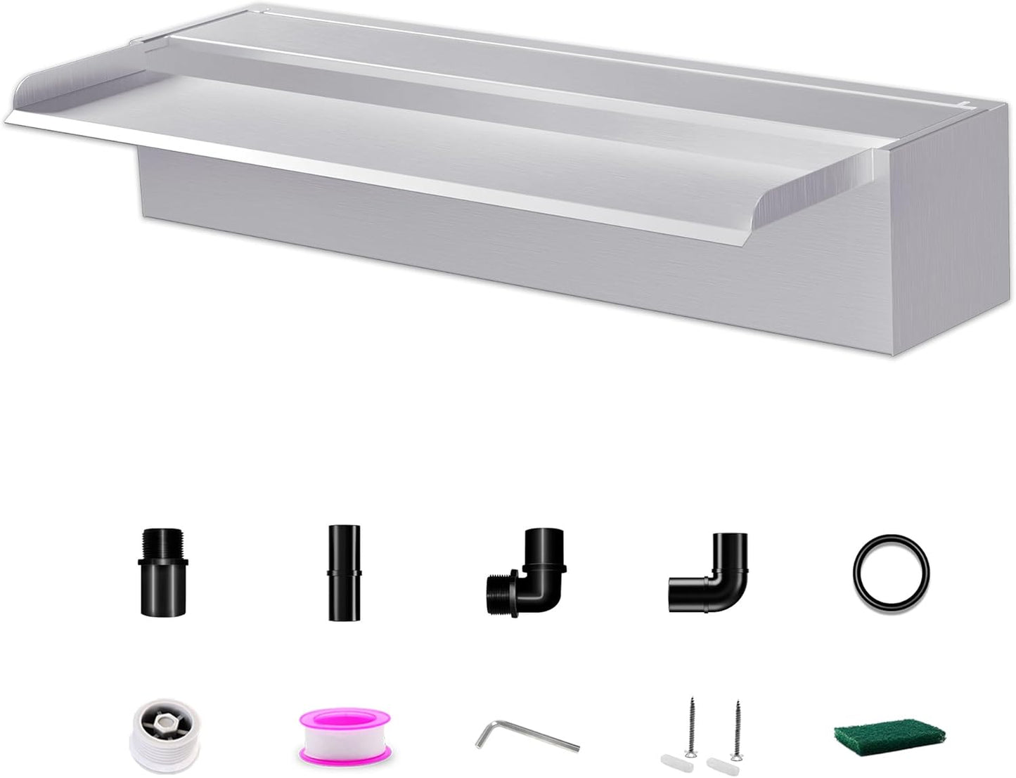 Waterfall Pool Fountain LONGRUNNEW 304 Stainless Steel 23.6" Rectangular Waterfall Spillway, Water Fall Fountain with Pipe Connector for Garden Outdoor, Swimming Pools, Fountains, Pond and Spa-VerdiqueGarden