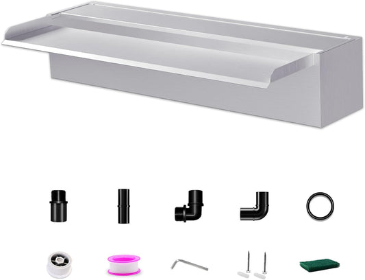 Waterfall Pool Fountain LONGRUNNEW 304 Stainless Steel 23.6" Rectangular Waterfall Spillway, Water Fall Fountain with Pipe Connector for Garden Outdoor, Swimming Pools, Fountains, Pond and Spa-VerdiqueGarden