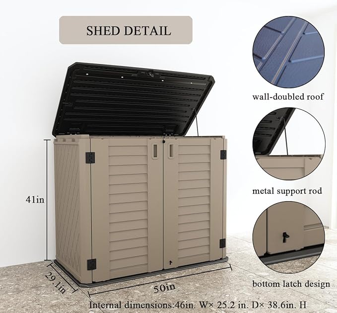 KINYING Outdoor Storage Shed - Horizontal Storage Cabinet Waterproof for Garden, Patio, Backyard, Storage Box for Easy Storage of Garbage Cans, Tools, Lawn Mower, 35 Cubic Feet,Dark Brown-VerdiqueGarden