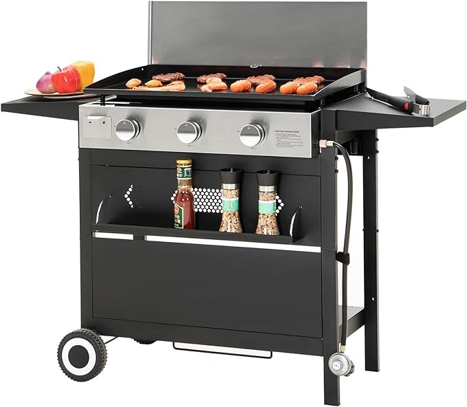Sophia & William 27-Inch Flat Top Grill with Ceramic Coated Cast Iron Griddle, 3-Burner Propane Gas BBQ Griddle, Portable Outdoor Barbecue Grill,33,000 BTU,Black-VerdiqueGarden