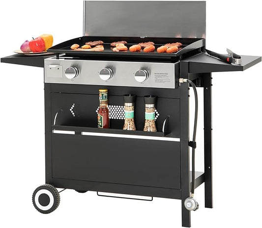 Sophia & William 27-Inch Flat Top Grill with Ceramic Coated Cast Iron Griddle, 3-Burner Propane Gas BBQ Griddle, Portable Outdoor Barbecue Grill,33,000 BTU,Black-VerdiqueGarden