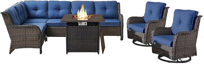 Outdoor Sectional Sofa Furniture Set with Propane Fire Pit Table, Wicker Patio Conversation Set with 2 Swivel Glider Rocker Chairs Blue Cushion Perfect for Backyard Casual Gathering-VerdiqueGarden