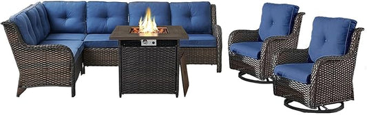 Outdoor Sectional Sofa Furniture Set with Propane Fire Pit Table, Wicker Patio Conversation Set with 2 Swivel Glider Rocker Chairs Blue Cushion Perfect for Backyard Casual Gathering-VerdiqueGarden