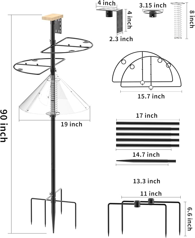 Bird Feeder Pole with Squirrel Baffle - 90 Inch Bird House Pole with Semicircular Hook for Outdoors, Squirrel Proof Baffle with Stainless Steel Spring for Better Defense, Slip-Fit Connection-VerdiqueGarden