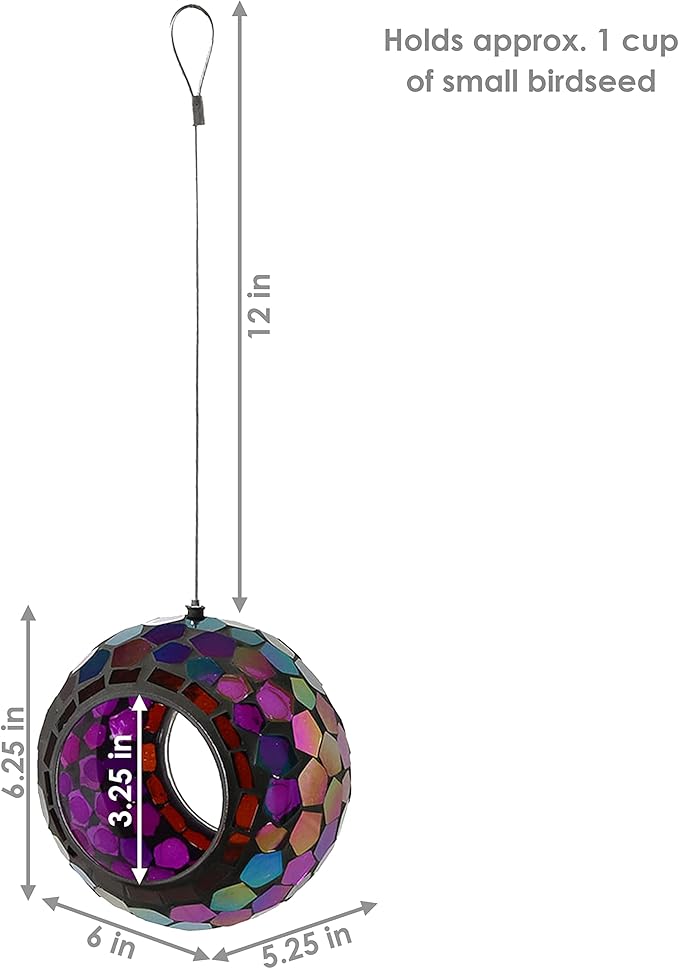 Sunnydaze 6-Inch Glass Mosaic Hanging Bird Feeder for Outdoors - Fly-Through Wild Bird Feeder - Iridescent Purple Mosaic-VerdiqueGarden